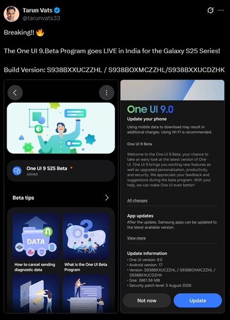 X post from Tarun Vats highlighting One UI 9 beta testing for GAlaxy S25 series