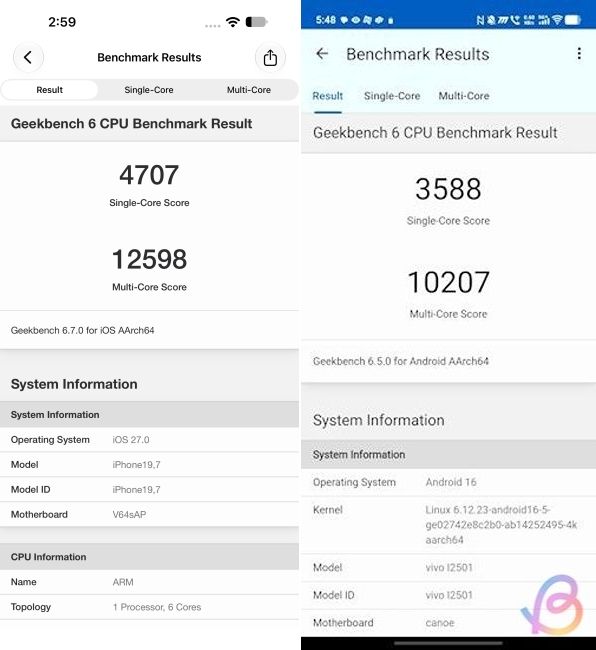 geekbench comparison between a20 pro and snapdragon 8 elite gen 5