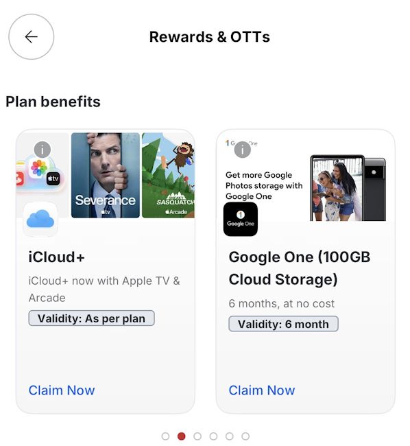 Airtel app Rewards & OTTs section showcasing free iCloud+ with eligible Airtel postpaid plans