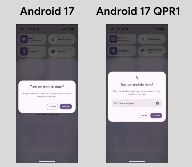 Android 17 vs Android 17 QPR1 mobile data warning popup toggle Android 17 vs Android 17 QPR1 mobile data warning popup toggle