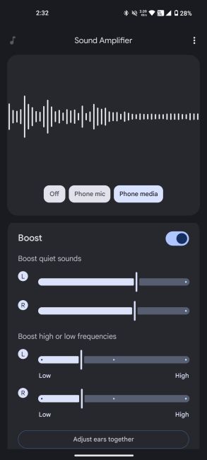 Google's Sound Amplifier app with speaker settings