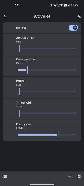 Wavelet app with limiter settings applied