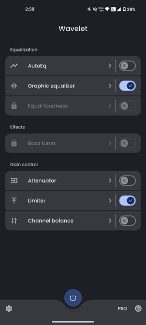 Wavelet app main page with graphics eq and limiter selected