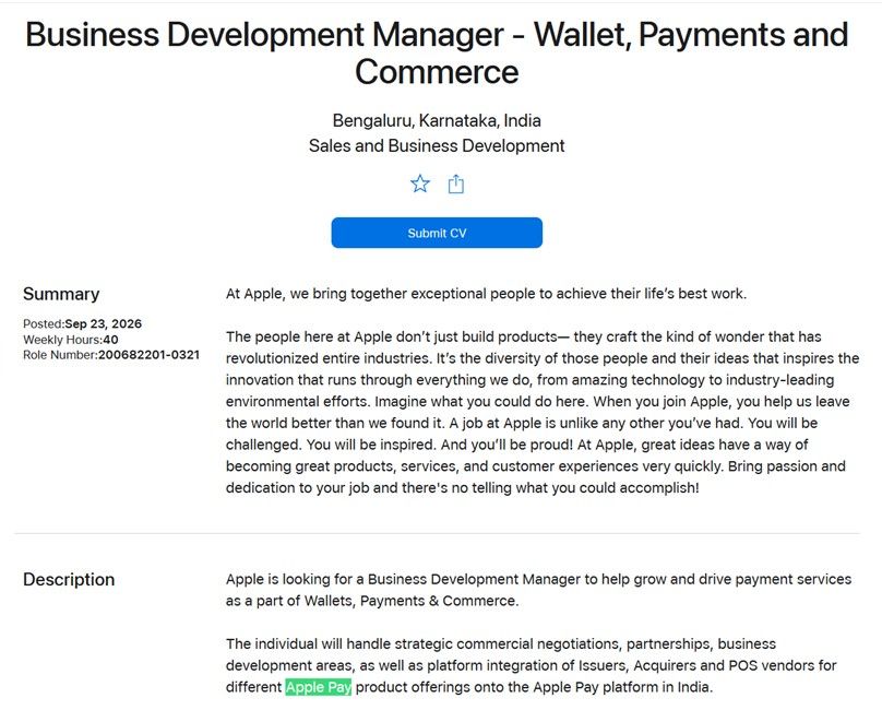 Apple Job Listing for Business Development Manager for Wallet and Payments Apple Job Listing for Business Development Manager for Wallet and Payments