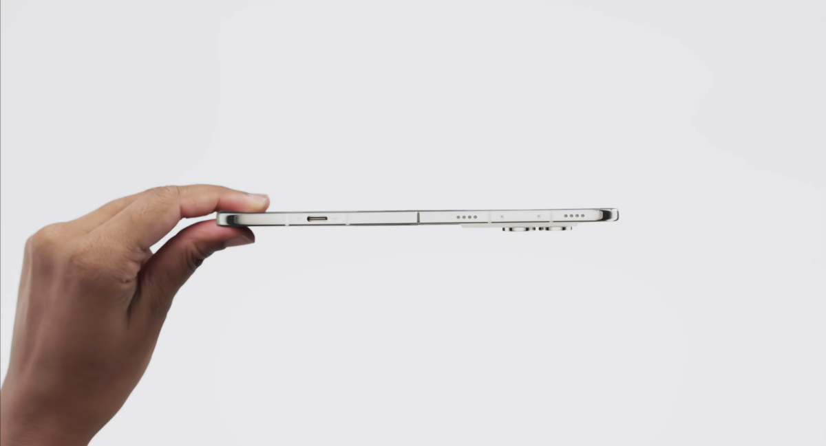 Side view showing the thinness of the Apple iPhone Duo unfolded.