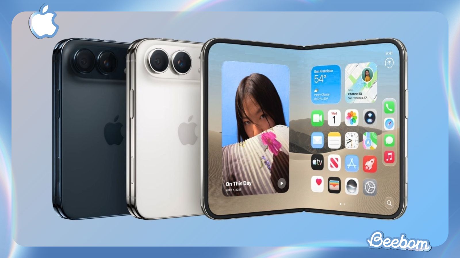 illustration of the iPhone Duo unfolded showing the rear design and display on top of a blue abstract background