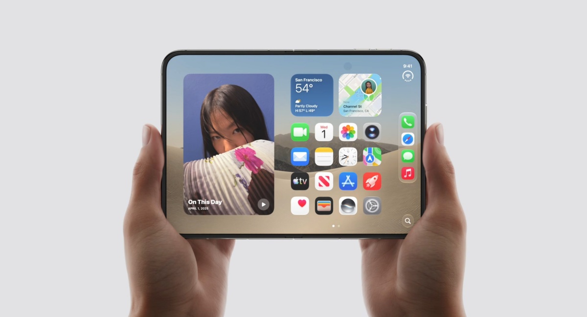 Apple iPhone Duo held open with full view of home screen