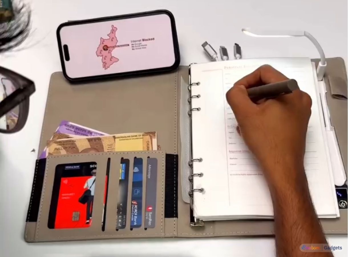 Smart notebook bendable phone stand, card organiser and storage showcased