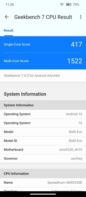 Boltt Evo 4G Geekbench 7 Benchmark