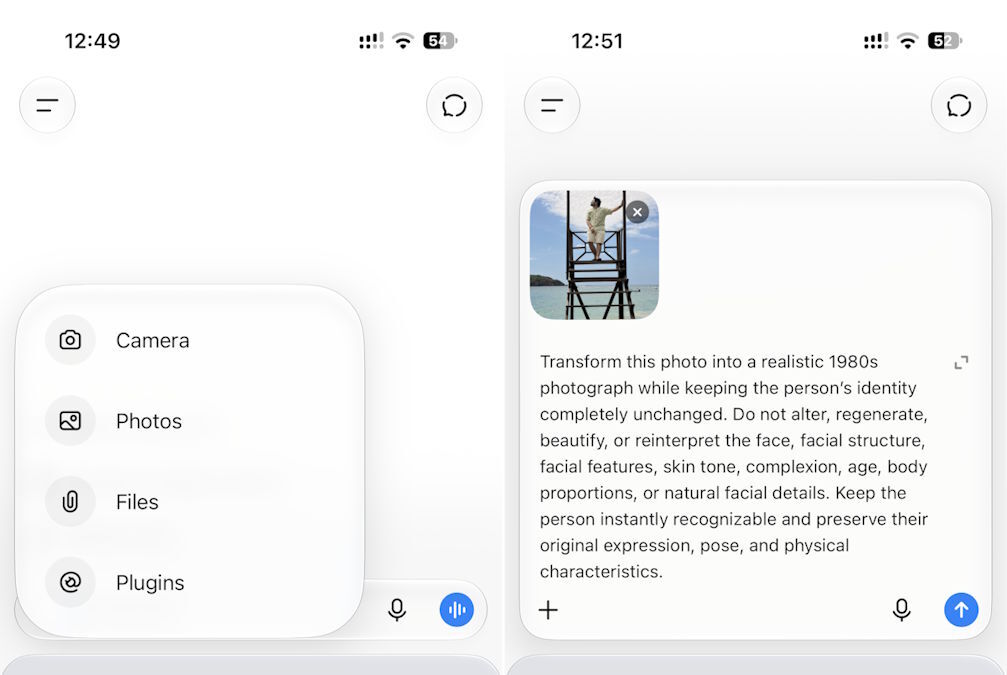 ChatGPT app on iPhone showing the photo selection and prompt ChatGPT app on iPhone showing the photo selection and prompt