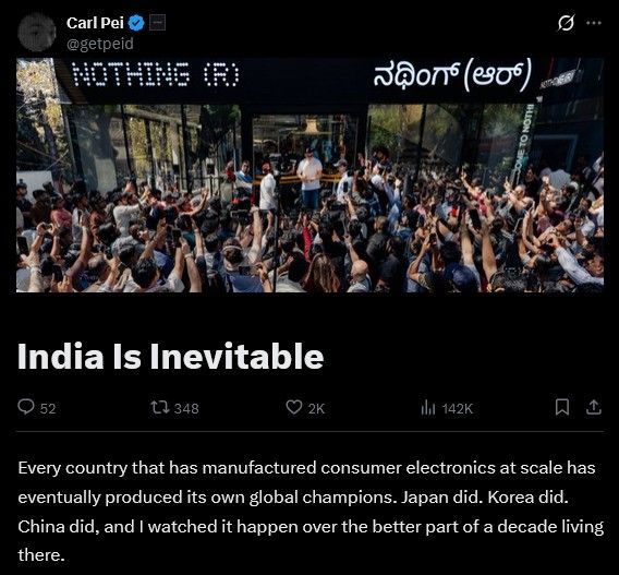 X post by Carl Pei titled India is inevitable X post by Carl Pei titled India is inevitable