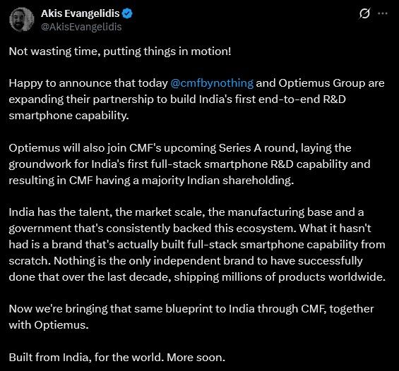 CMF and Opteimus partnership announcement by Akis on X CMF and Opteimus partnership announcement by Akis on X