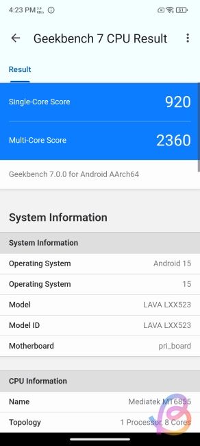 screenshot showing geekbench 7 score of dimensity 7060 screenshot showing geekbench 7 score of dimensity 7060