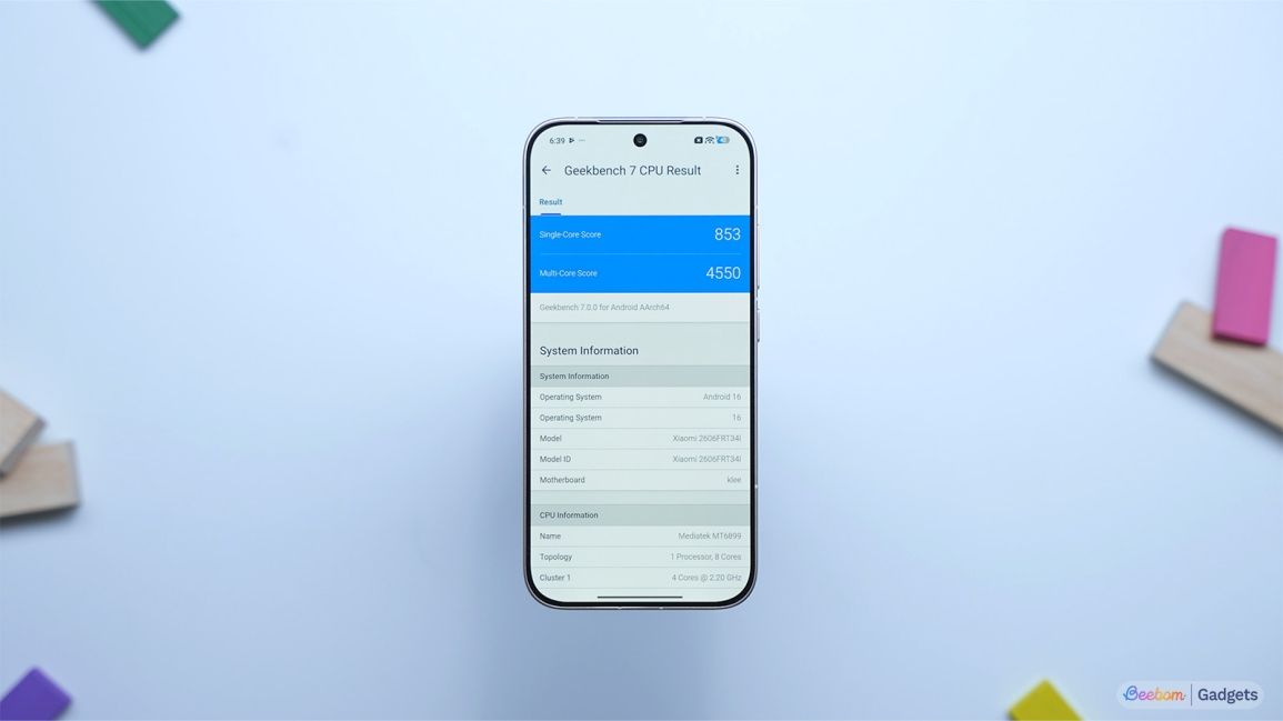 image of a phone showing geekbench 7 result of snapdragon 8s gen 4