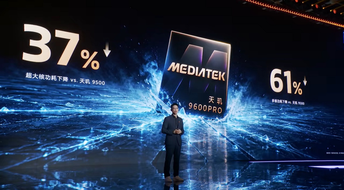 MediaTek Dimensity 9600 Pro power consumption comparison slide at launch event