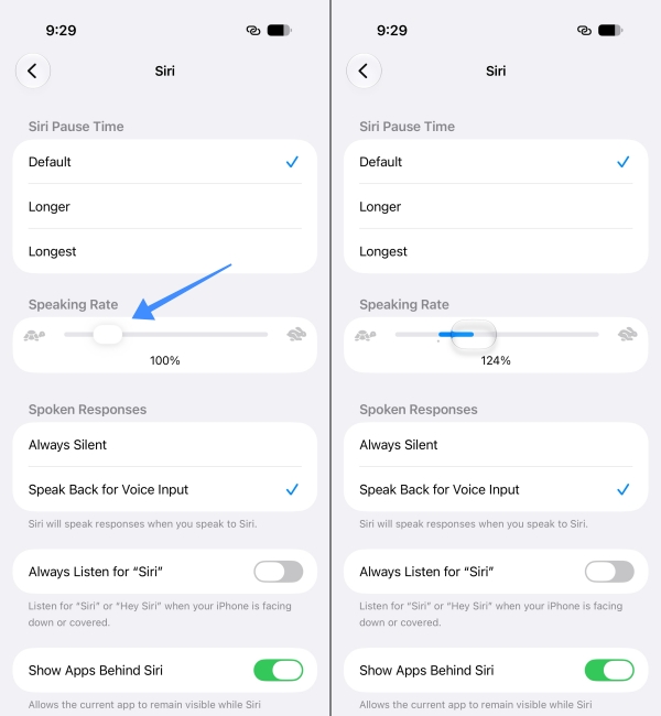 Drag the Speaking rate slider to adjust Siri's talking speed