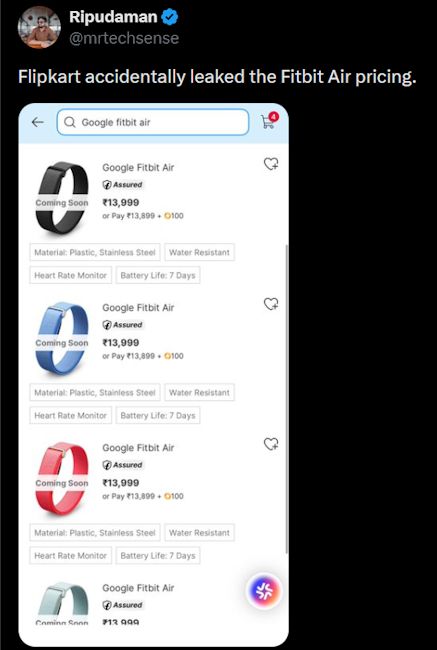 Fitbit Air Flipkart listing screenshot leaked Fitbit Air Flipkart listing screenshot leaked