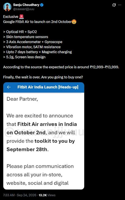 Google Fitbit Air India launch date tipped Google Fitbit Air India launch date tipped