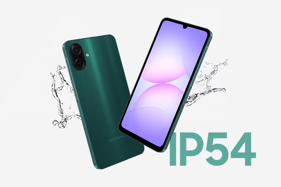 Galaxy A07s IP rating and front back design showcased in green Galaxy A07s IP rating and front back design showcased in green