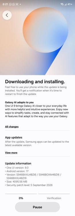Samsung Galaxy S26 series software update page with One UI 9
