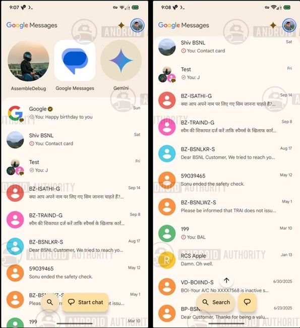 Google Messages new UI with search and start chat icons