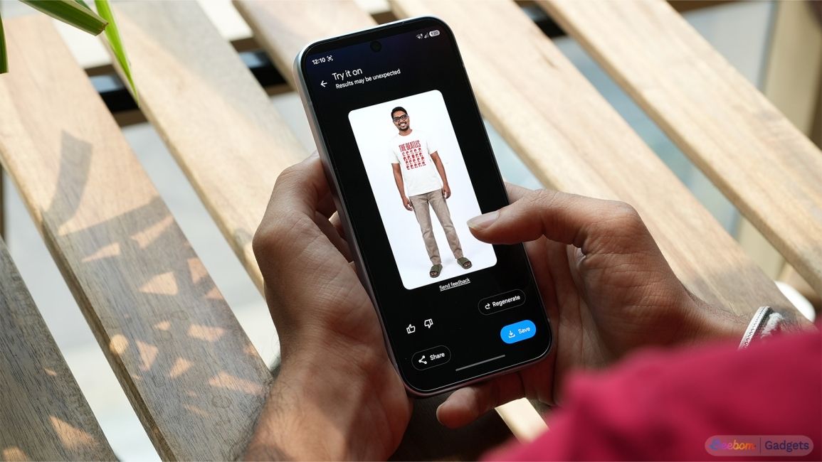 a user holding phone showing the generated output using the wardrobe feature in google photos a user holding phone showing the generated output using the wardrobe feature in google photos