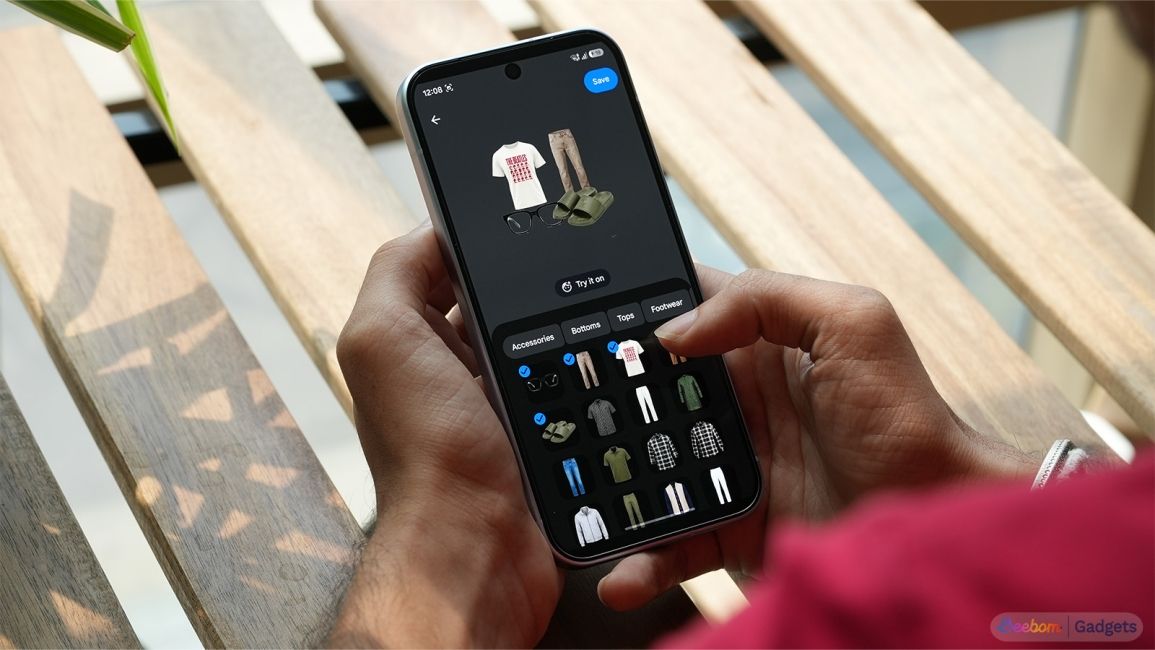 a user holding phone showing try it on capability using the wardrobe feature in google photos a user holding phone showing try it on capability using the wardrobe feature in google photos