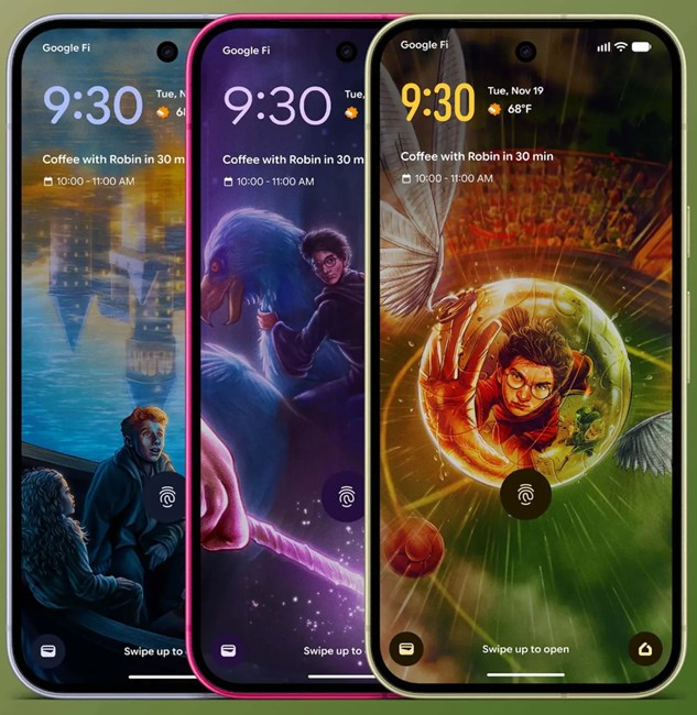 Google Pixel from the front with various harry potter themes