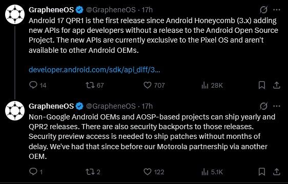 GrapheneOS on X explaining lacklustre Android 17 QPR1 security APIs GrapheneOS on X explaining lacklustre Android 17 QPR1 security APIs