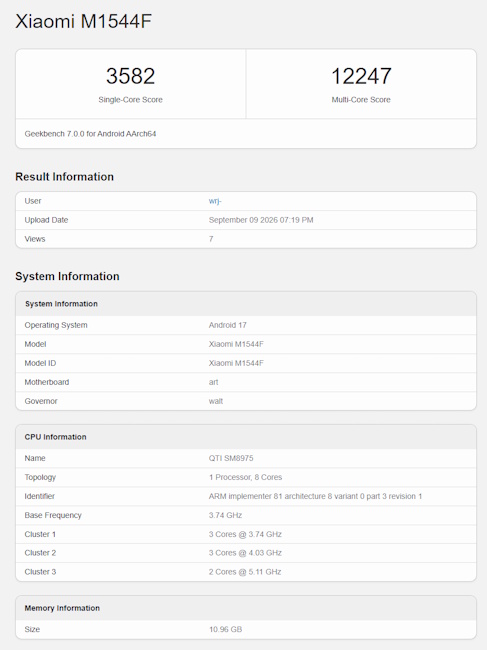 Xiaomi 18 Pro Max single-core and multi-core scores in Geekbench 7 Xiaomi 18 Pro Max single-core and multi-core scores in Geekbench 7