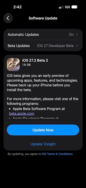 iOS 27.2 Developer Beta 2 update