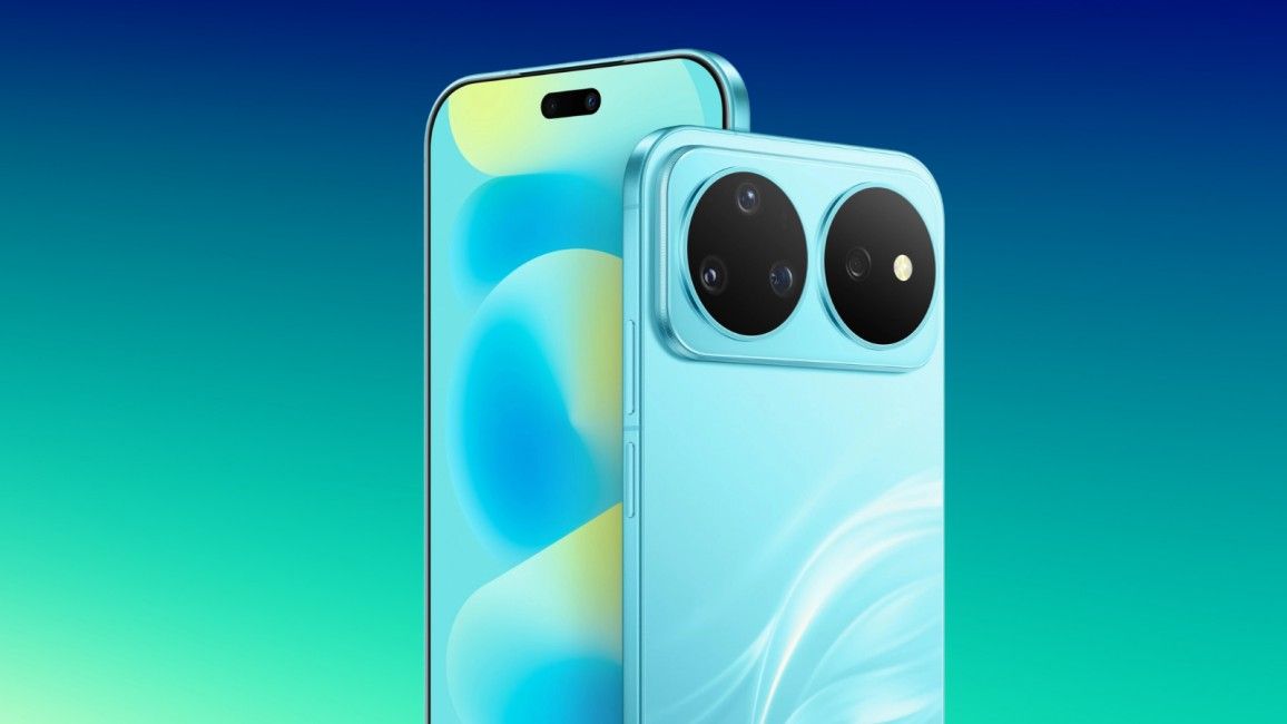 shot of the Huawei Nova 16s showing the camera bar in front of a bluish green gradient background shot of the Huawei Nova 16s showing the camera bar in front of a bluish green gradient background