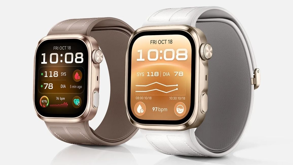 Illustration showing Huawei Watch D3 in Mocha Gold and Gold colourways