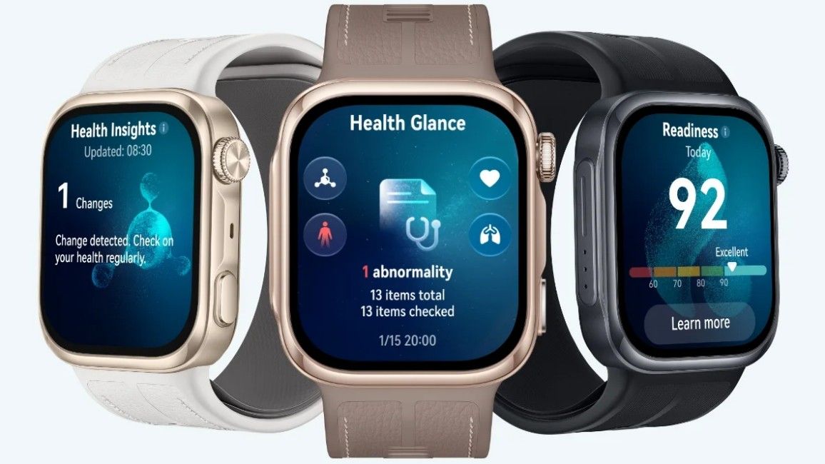 illlustration showing Huawei Watch D3 with Health Glance screen and alerts