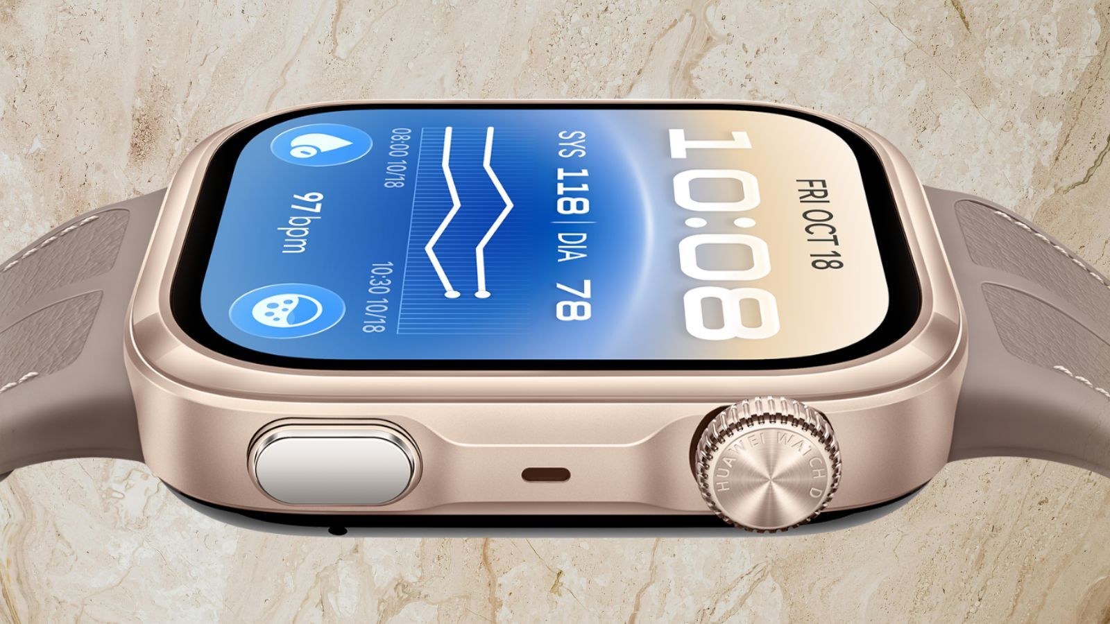 illustration showing the Huawei Watch D3 display, rotating crown and side edge