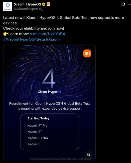 HyperOS 4 release poster with smartphones listed on X HyperOS 4 release poster with smartphones listed on X