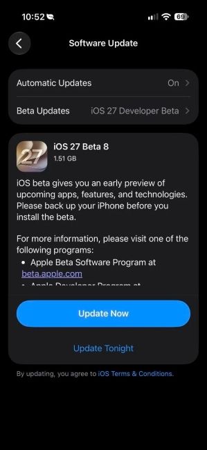 iOS 27 Beta 8 update on software updates settings page on iPhone