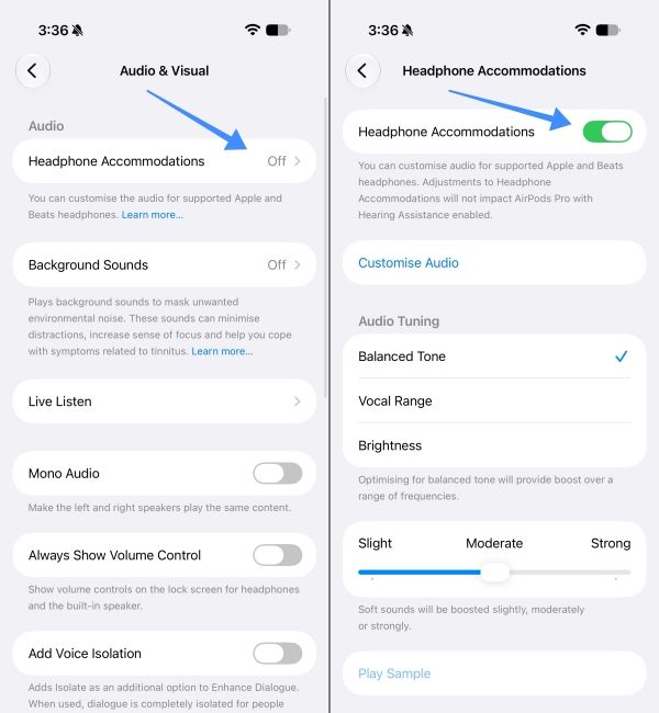 iPhone Headphone Accommodations settings page in iOS iPhone Headphone Accommodations settings page in iOS