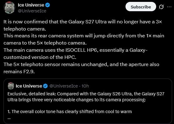 Samsung Galaxy S27 Ultra camera hardware tipped by Ice Universe on X