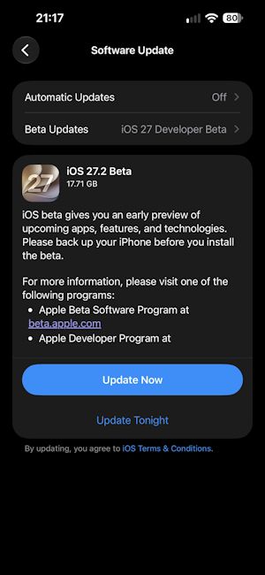 iOS 27.2 developer beta 1 update screenshot iOS 27.2 developer beta 1 update screenshot