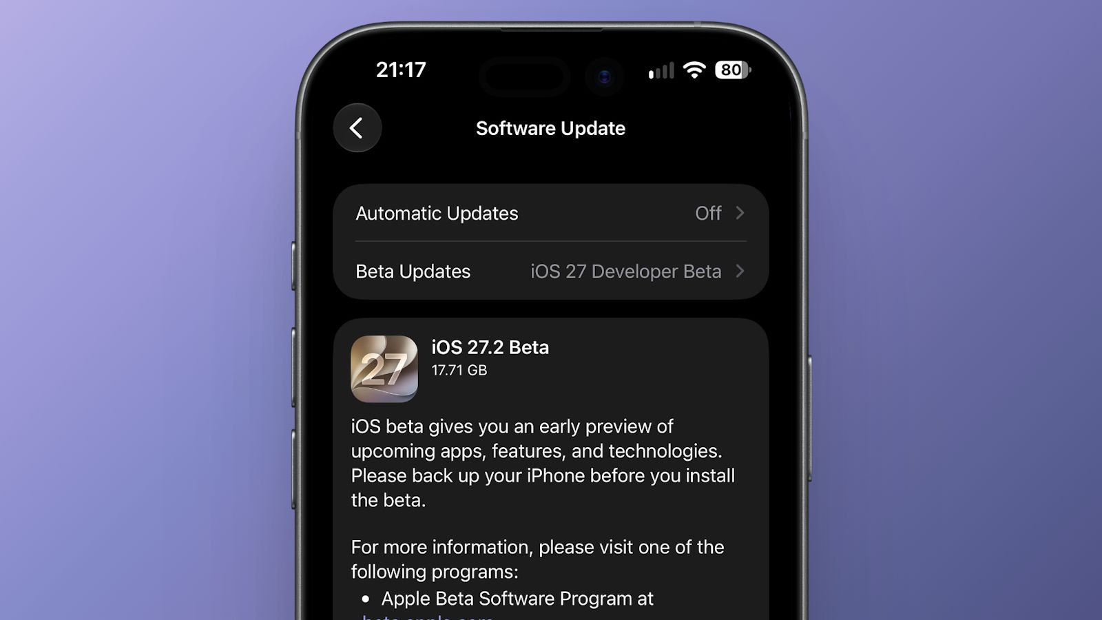 iOS 27.2 developer beta 1 screenshot showcased iOS 27.2 developer beta 1 screenshot showcased