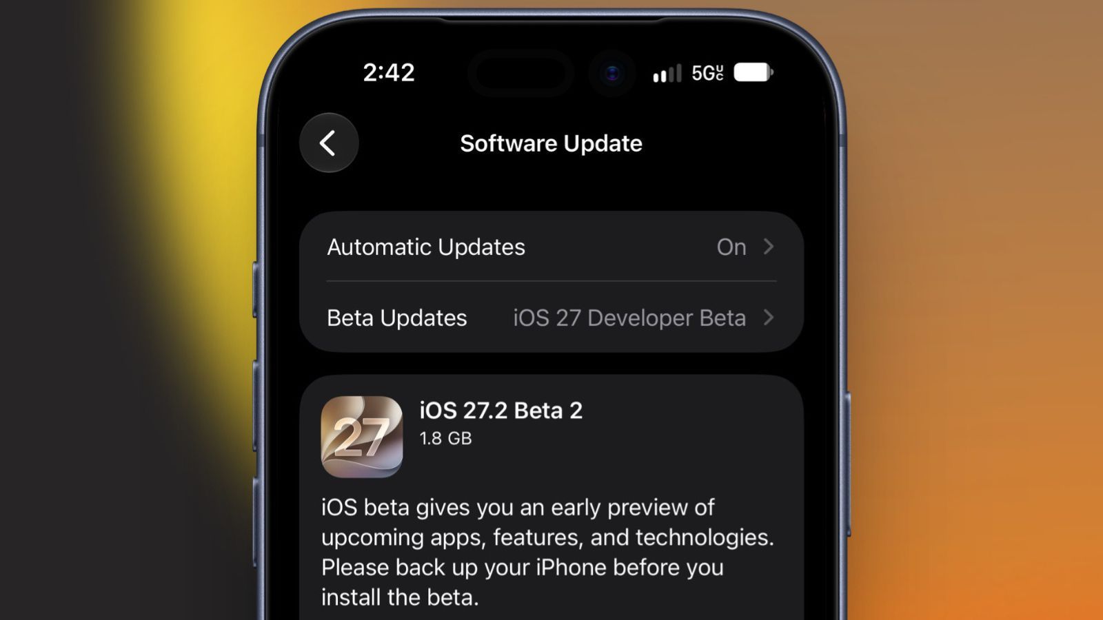 iOS 27.2 Developer Beta 2 update page screenshot