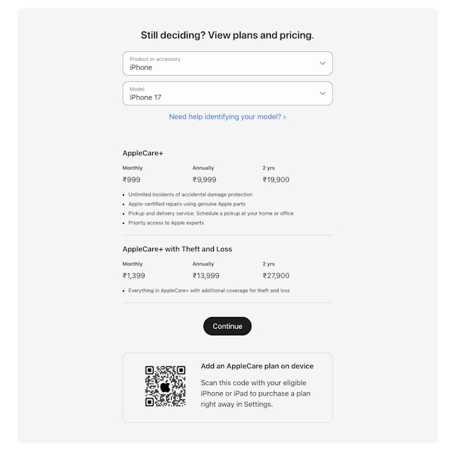 iPhone 17 AppleCare+ price in India