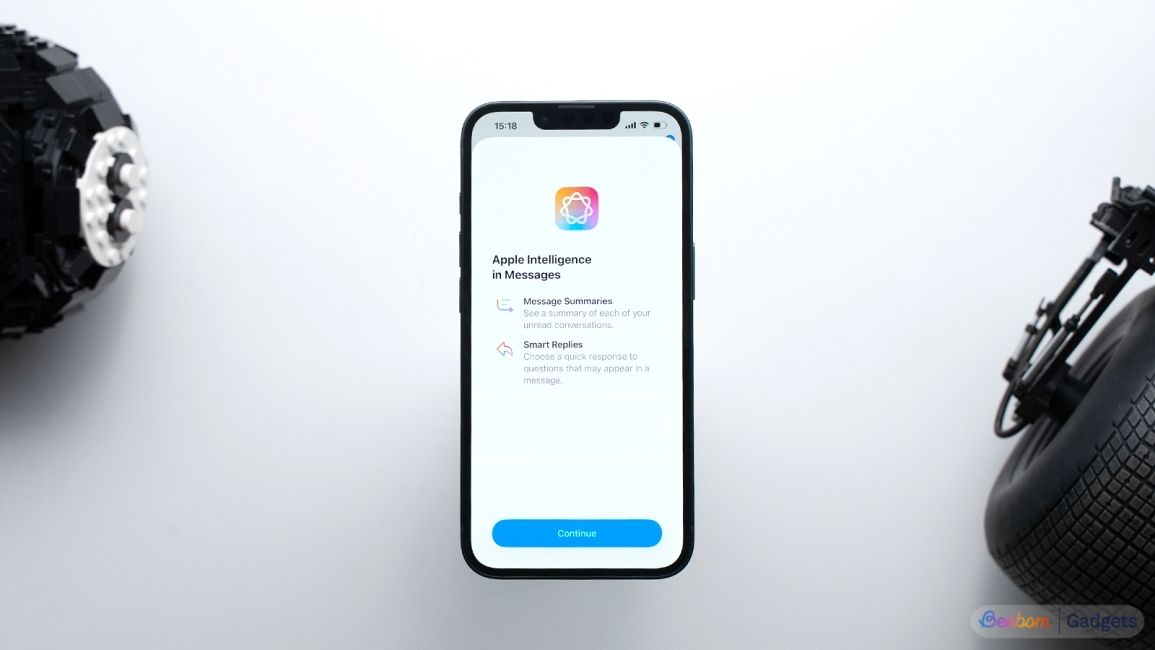 top down shot of an iPhone 17e on top of a desk showing Apple Intelligence welcome screen