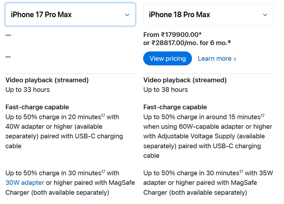 iPhone 18 Pro Max charging speeds comparison with 17 Pro Max charging speed