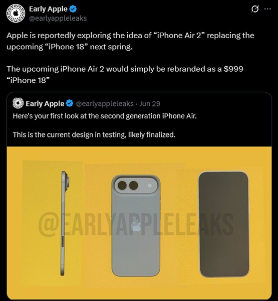Early Apple iPhone 18 rebranding information with iPhone Air 2 mockups