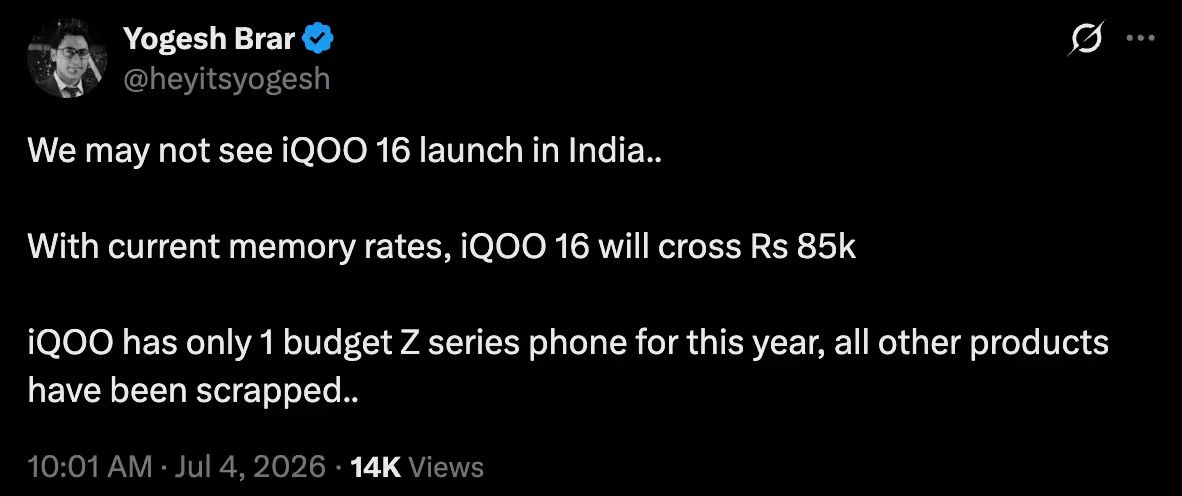 Screenshot of X post suggesting that the iQOO 16 India launch is cancelled Screenshot of X post suggesting that the iQOO 16 India launch is cancelled