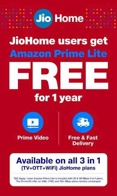 JioHome free access to Amazon Prime Lite for a year JioHome free access to Amazon Prime Lite for a year