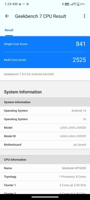 Lava Virat Curve 5G Geekbench 7 Benchmarks