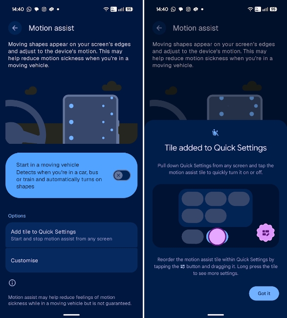 Motion Assist setting and quick setting